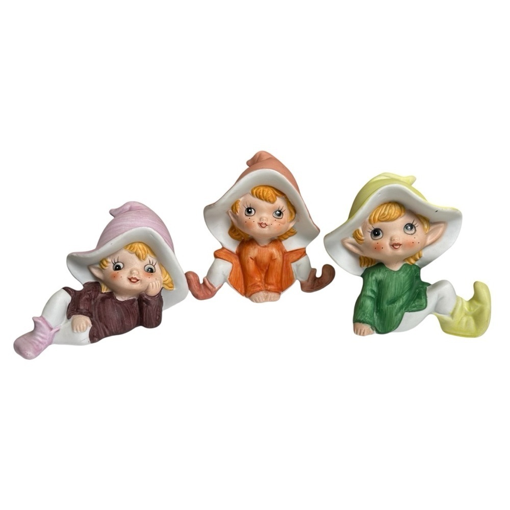 Vintage Homco 5213 Pixie Elf Fairies Shelf Sitters Figurines Set